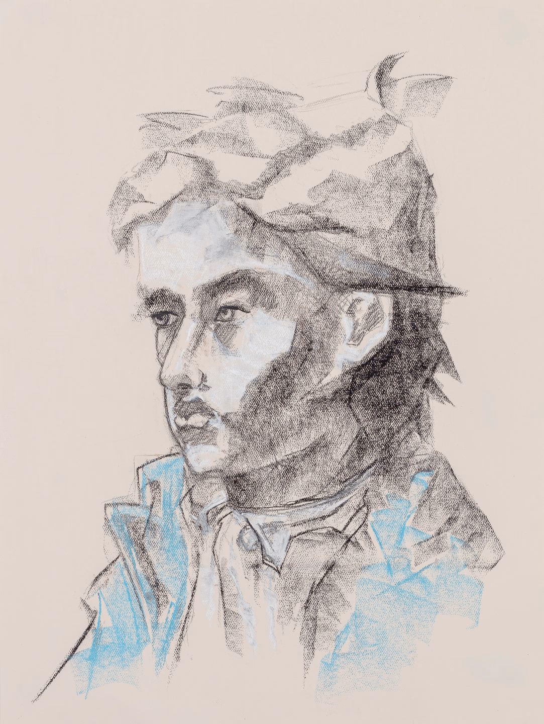 bearded man in a loosely wrapped head covering, three-quarter view in grainy charcoal with cerulean strokes at the collar
