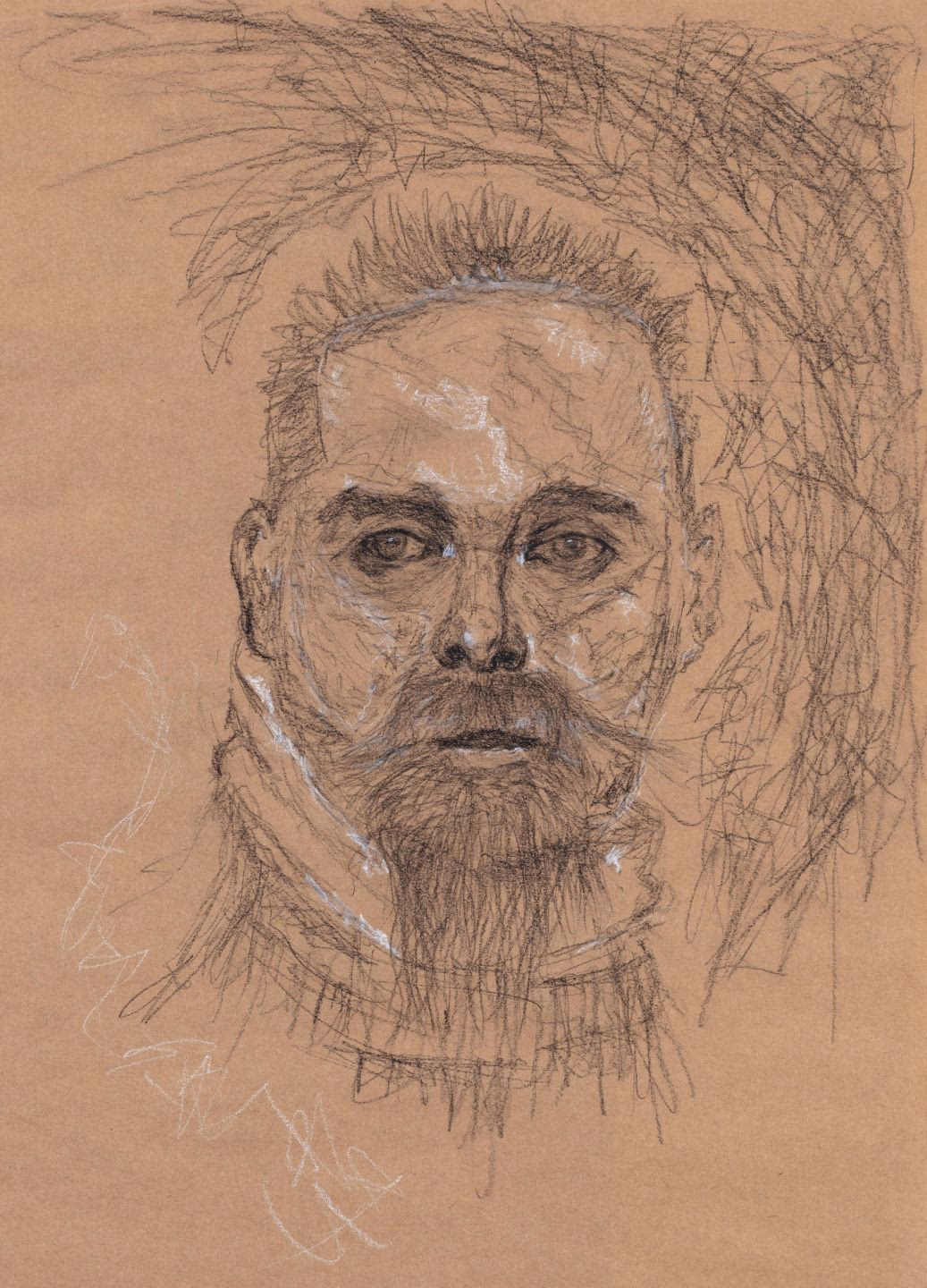 bearded man facing forward in scribbled graphite with white chalk highlights on brown kraft paper