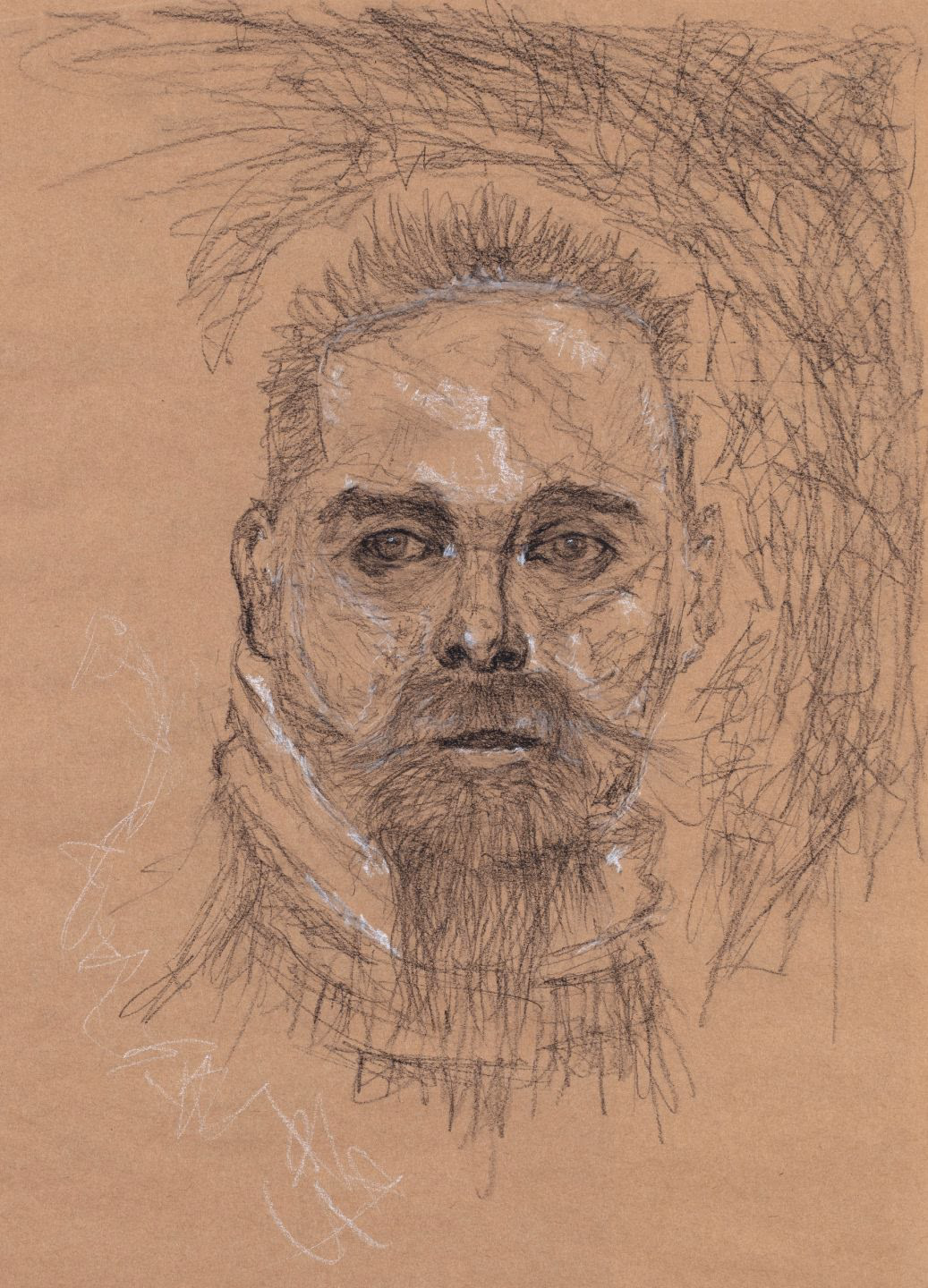 bearded man facing forward in scribbled graphite with white chalk highlights on brown kraft paper